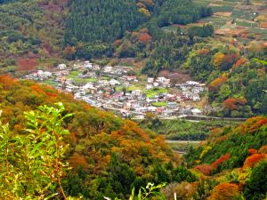 谷峨方面登山道からの谷峨駅前の集落を見る